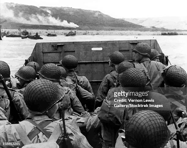 stockillustraties, clipart, cartoons en iconen met digitally restored vector photo of american troops in a landing craft. - army helmet
