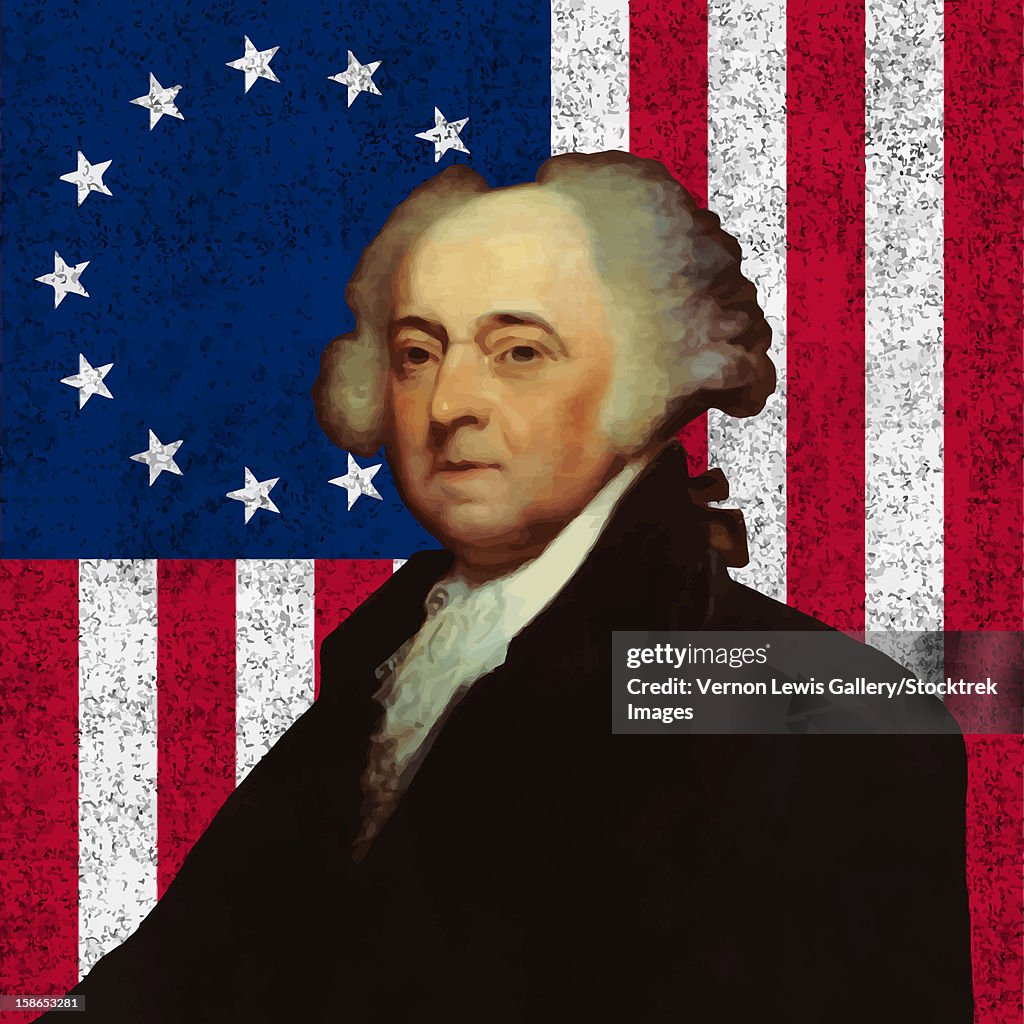 Digitally restored vector portrait of John Adams against the American Flag. John Adams was an American Founding Father, Continental Congress Delegate, Vice-President, and President.