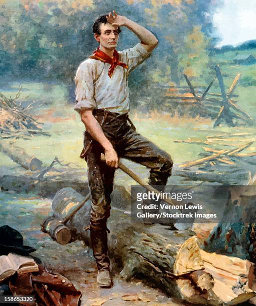 stockillustraties, clipart, cartoons en iconen met digitally restored vector painting of a young abraham lincoln, the rail splitter, chopping wood. - abraham lincoln