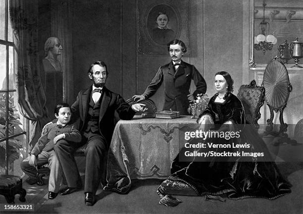 ilustraciones, imágenes clip art, dibujos animados e iconos de stock de digitally restored vintage print of president abraham lincoln and his family. lincoln's son thomas is seated on the left, his wife mary todd is seated at the table, and robert todd lincoln is standing. - mary todd lincoln