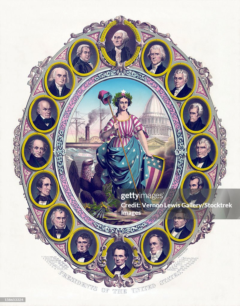 Digitally restored print featuring Lady Liberty and the first sixteen Presidents of The United States. Lady Liberty wears an American flag dress and is holding her shield.