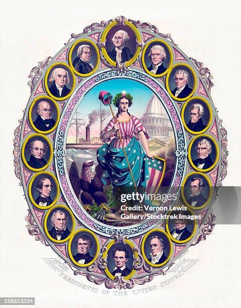 digitally restored print featuring lady liberty and the first sixteen presidents of the united states. lady liberty wears an american flag dress and is holding her shield. - john quincy adams stock illustrations