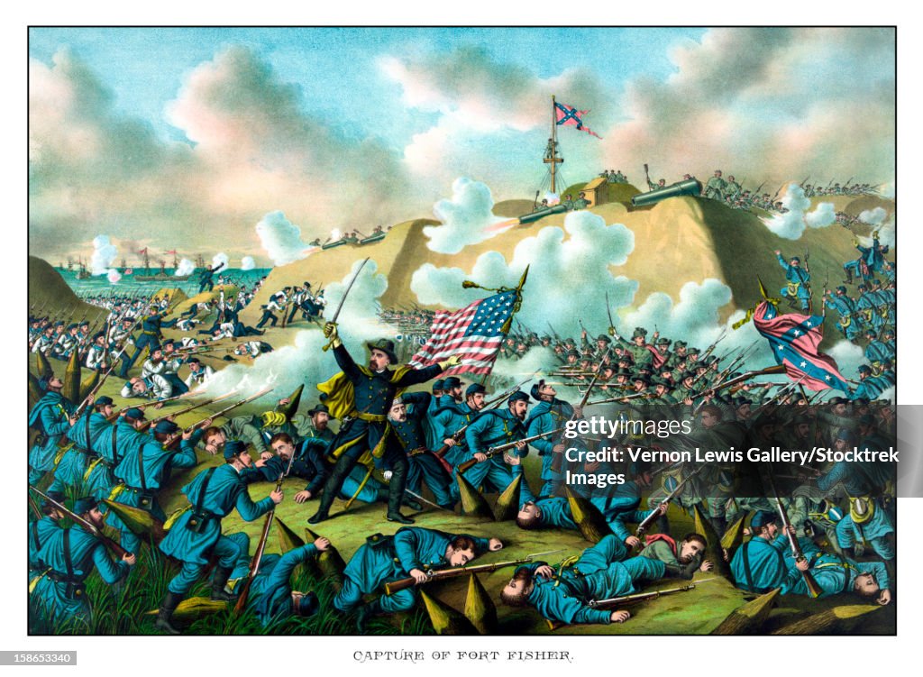 Digitally restored Civil War print depicting the Union Army's capture of Fort Fisher.