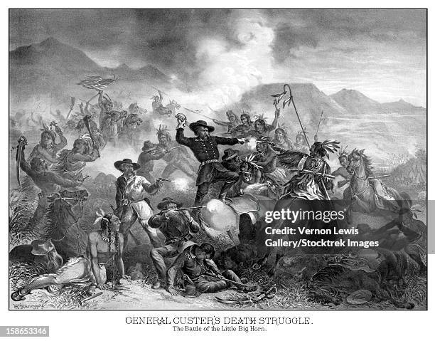 digitally restored vintage military print featuring the battle of little bighorn, also known as custer's last stand. the poster is titled, general custer's death struggle. - general stock-grafiken, -clipart, -cartoons und -symbole