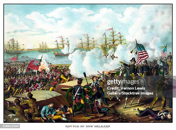 stockillustraties, clipart, cartoons en iconen met digitally restored vintage war of 1812 print features general andrew jackson leading his troops at the battle of new orleans. - kanon