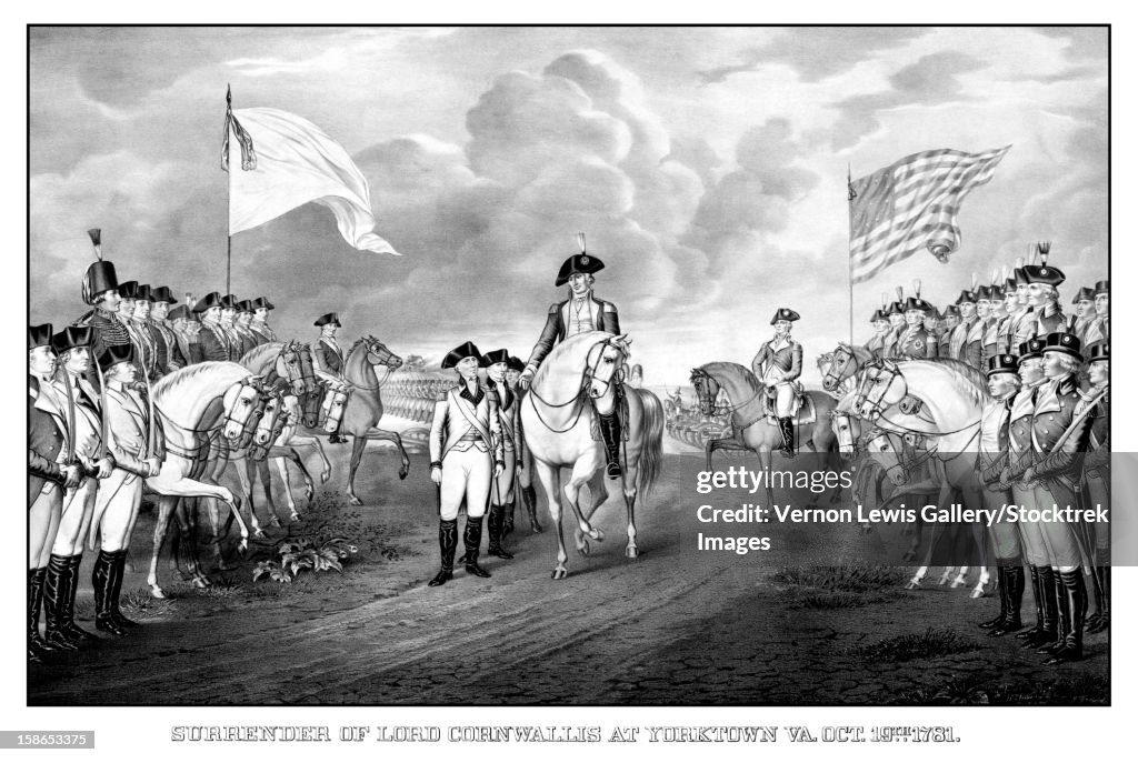Digitally restored Revolutionary War print showing the surrender of British troops.