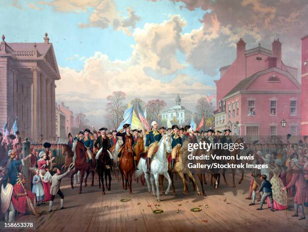 ilustrações de stock, clip art, desenhos animados e ícones de digitally restored revolutionary war painting of general george washington and his men, triumphantly entering new york city as crowds cheer, november 25, 1783. - revolução americana