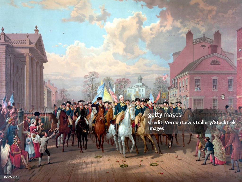 Digitally restored Revolutionary War painting of General George Washington and his men, triumphantly entering New York City as crowds cheer, November 25, 1783.