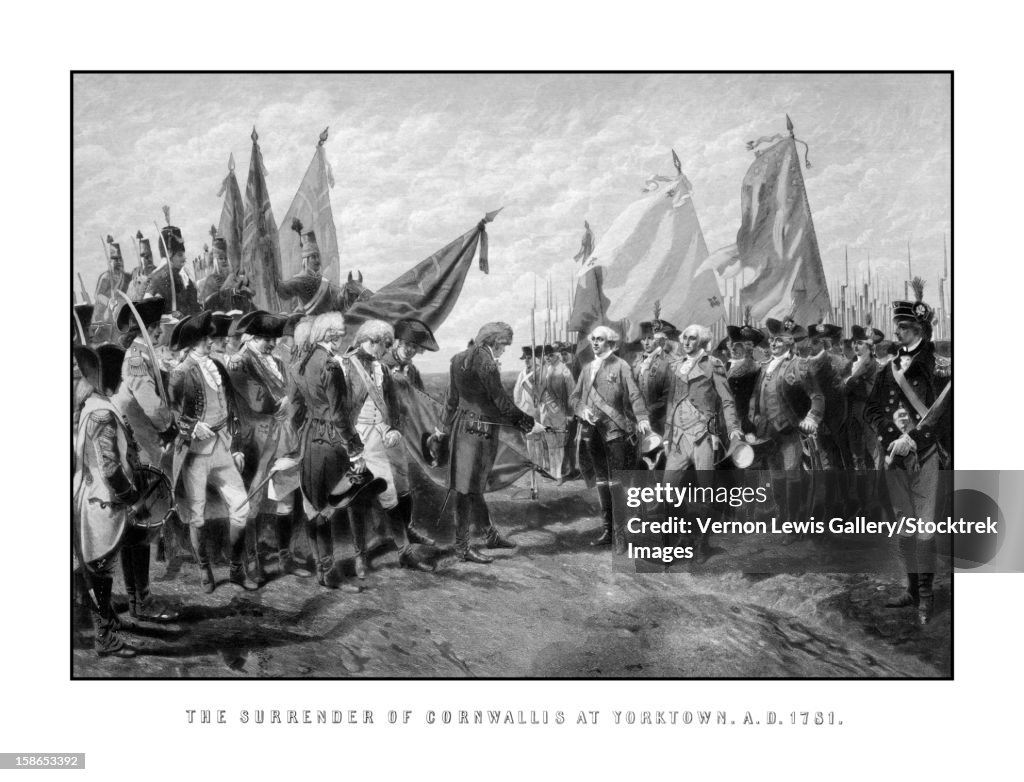 Vintage Revolutionary War print showing the surrender of British troops to General George Washington and the Continental Army. It reads, The Surrender Of Cornwallis At Yorktown. A.D. 1781.
