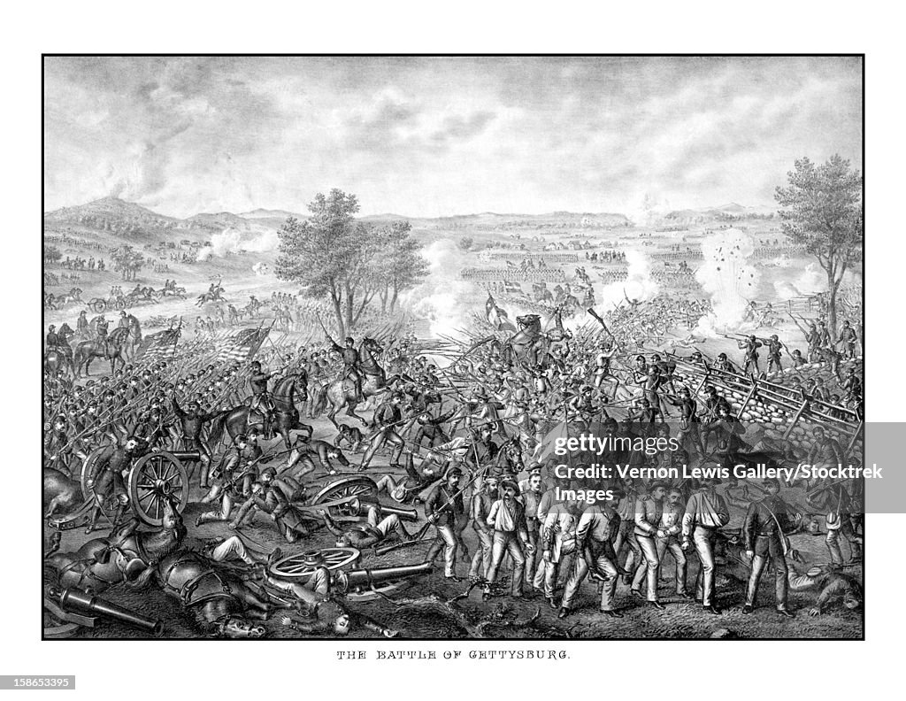 Vintage Civil War print featuring the Battle of Gettysburg. The famous battle took place in early July 1863 and resulted in the largest number of casualties during The American Civil War.