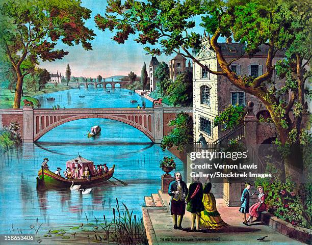 vintage american history print of ben franklin being greeted along the bank of a river in france. it reads, the reception of benjamin franklin in france. - ベンジャミン・フランクリン点のイラスト素材／クリップアート素材／マンガ素材／アイコン素材