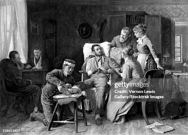 this vintage civil war poster features a wounded union soldier, during the battle of gettysburg, being tended to in a home. - wounded stock illustrations