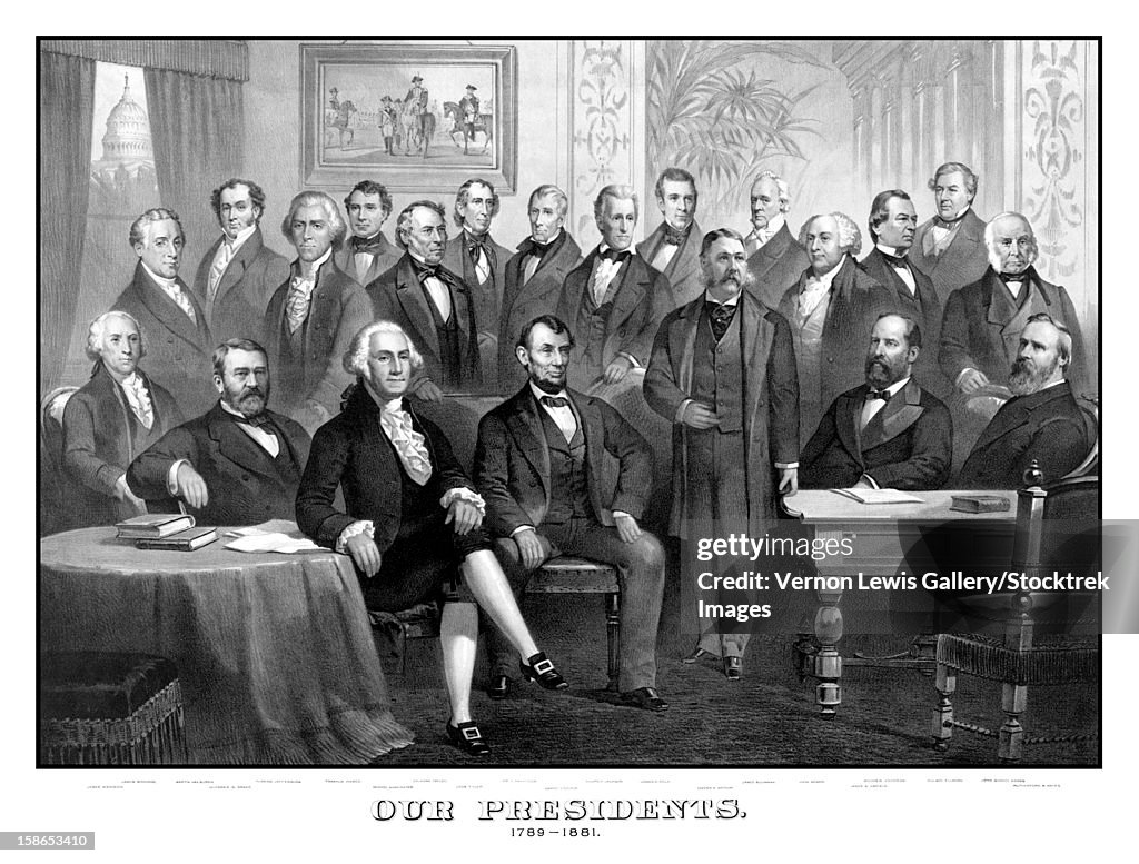Vintage print of the first twenty-one Presidents seated together in The White House.