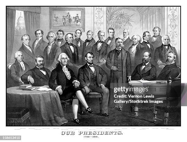 vintage print of the first twenty-one presidents seated together in the white house. - andrew jackson us president stock illustrations