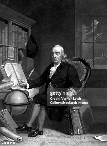 vintage american history print of benjamin franklin doing research in his study. a lightning storm can be seen outside the window. - benjamin franklin stock-grafiken, -clipart, -cartoons und -symbole