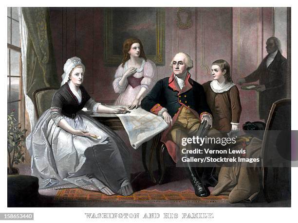 ilustraciones, imágenes clip art, dibujos animados e iconos de stock de vintage american history print of the washington family seated at a table. - martha washington