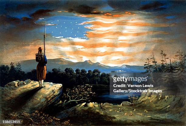vintage civil war painting of a lone zouave sentry overlooking a cliff. - french army stock illustrations