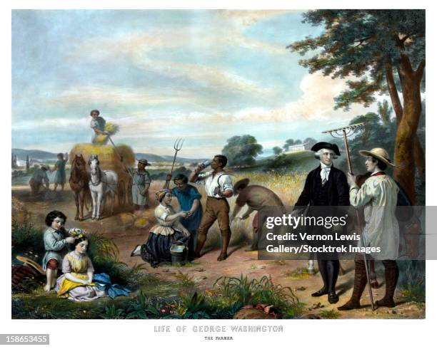 vintage american history print of george washington on his farm as slaves work the land behind him. it reads, life of george washington, the farmer. - george washington stock illustrations