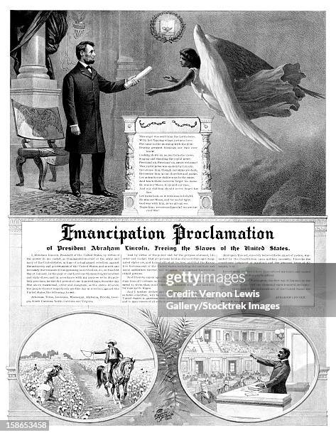 ilustrações de stock, clip art, desenhos animados e ícones de american history print of president abraham lincoln and the emancipation proclamation. - proclamação da emancipação