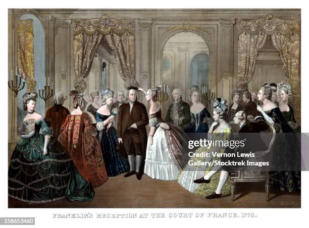 vintage american history print of benjamin franklin's reception by the french court. it reads, franklin's reception at the court of france, 1778. - benjamin franklin stock-grafiken, -clipart, -cartoons und -symbole