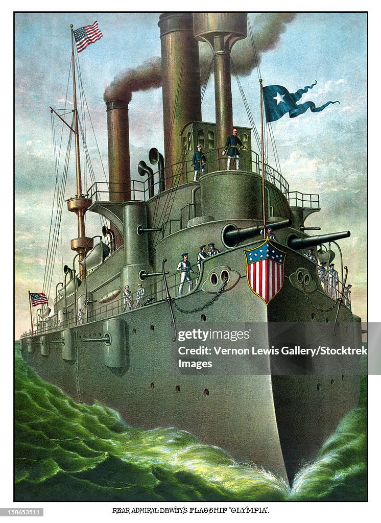Vintage American History print of Admiral George Dewey standing on his flagship, the Olympia. It reads, Rear Admiral Dewey's Flagship Olympia.