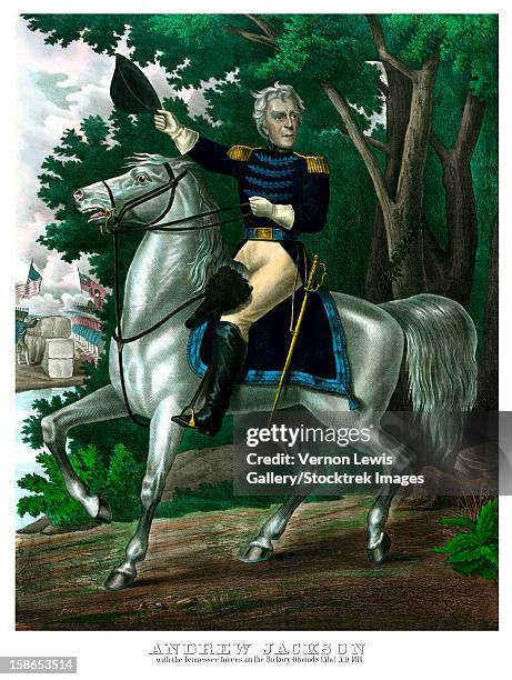 stockillustraties, clipart, cartoons en iconen met vintage american history print of general andrew jackson on horseback, leading troops during battle. it reads, andrew jackson, with the tennessee forces on the hickory grounds (ala) a.d. 1814. - ala de animal