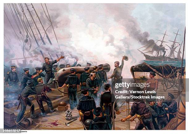 vintage american civil war print of the battle of cherbourg. - csa images stock-grafiken, -clipart, -cartoons und -symbole