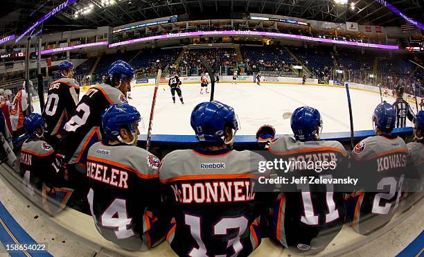 Members of the Bridgeport Sound Tigers wear jerseys in memory of Sandy Hook Elementary School shooting victims during an American Hockey League game...