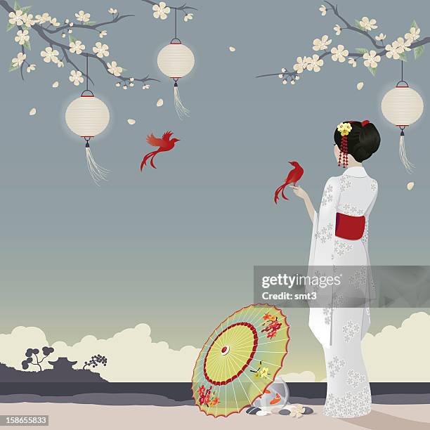 mädchen mit laternen und sonnenschirm - japanischer lampion stock-grafiken, -clipart, -cartoons und -symbole