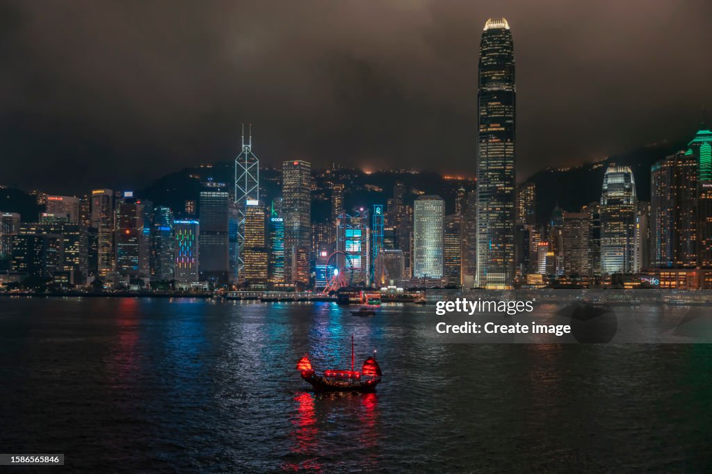 Beautiful cityscape at Victoria harbour at night in Hong Kong
