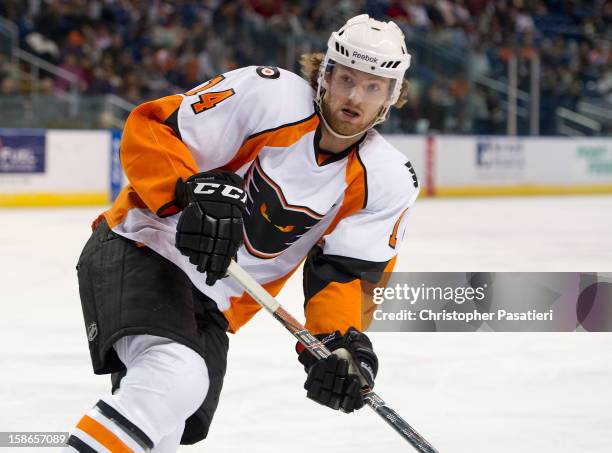 Sean Couturier of the Adirondack Phantoms skates during an American Hockey League game against the Bridgeport Sound Tigers on December 22, 2012 at...