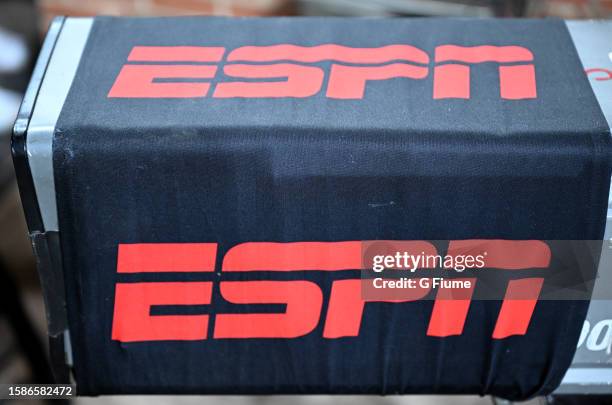 View of the ESPN logo on a camera after the game between the Baltimore Orioles and the New York Yankees at Oriole Park at Camden Yards on July 30,...