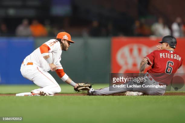 Jace Peterson of the Arizona Diamondbacks is tagged out stealing second base by Brandon Crawford of the San Francisco Giants in the top of the eighth...