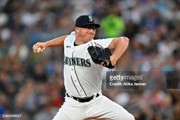Trent Thornton of the Seattle Mariners throws a pitch during the seventh inning against the Boston Red Sox at T-Mobile Park on August 01, 2023 in...