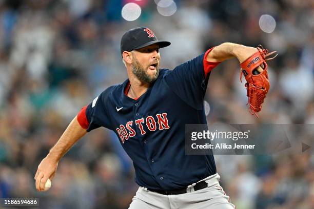 Chris Martin of the Boston Red Sox throws a pitch during the seventh inning against the Seattle Mariners at T-Mobile Park on August 01, 2023 in...