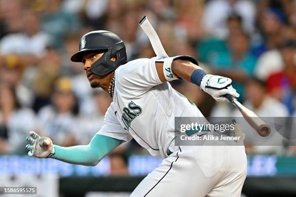 Julio Rodriguez of the Seattle Mariners bats during the seventh inning against the Boston Red Sox at T-Mobile Park on August 01, 2023 in Seattle,...