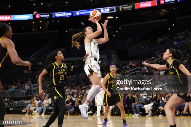 Sabrina Ionescu of the New York Liberty shoots during the second half of a game against the Los Angeles Sparks at Crypto.com Arena on August 01, 2023...