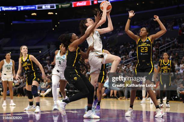 Breanna Stewart of the New York Liberty shoots as Nneka Ogwumike of the Los Angeles Sparks defends during the second half of a game at Crypto.com...