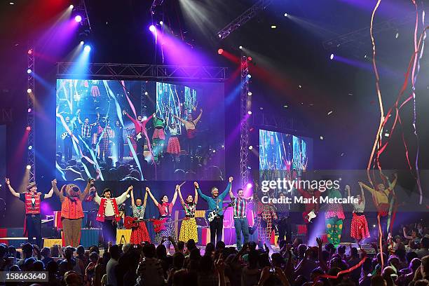 Jeff Fatt, Anthony Field, Greg Page and Murray Cook of The Wiggles perform on stage during The Wiggles Celebration Tour at Sydney Entertainment...