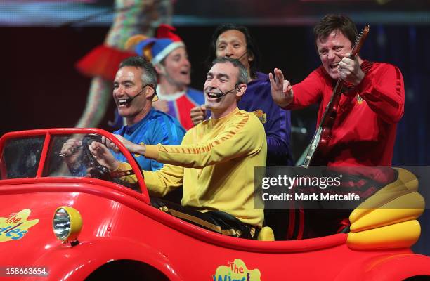 Jeff Fatt, Anthony Field, Greg Page and Murray Cook of The Wiggles perform on stage during The Wiggles Celebration Tour at Sydney Entertainment...