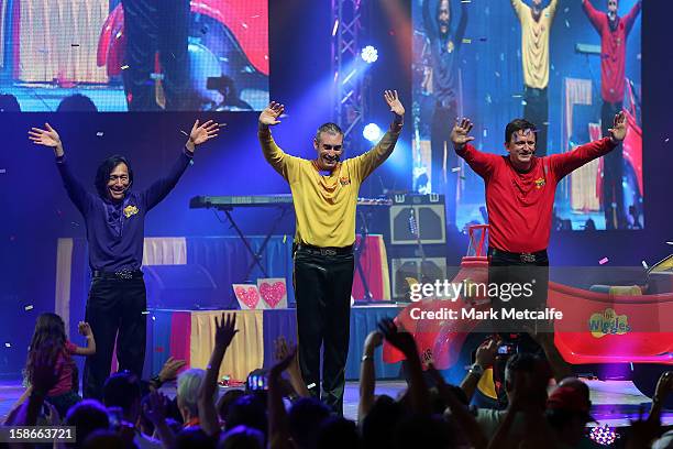 Jeff Fatt, Greg Page and Murray Cook of The Wiggles perform on stage during The Wiggles Celebration Tour at Sydney Entertainment Centre on December...