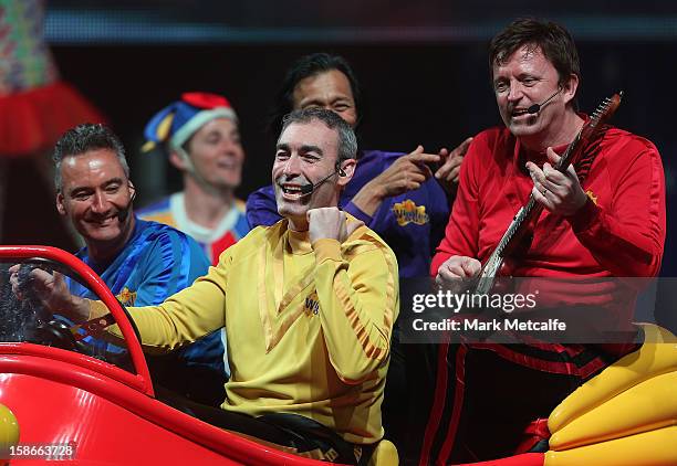 Jeff Fatt, Anthony Field, Greg Page and Murray Cook of The Wiggles perform on stage during The Wiggles Celebration Tour at Sydney Entertainment...