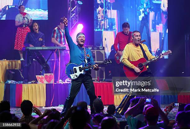 Jeff Fatt, Anthony Field, Greg Page and Murray Cook of The Wiggles perform on stage during The Wiggles Celebration Tour at Sydney Entertainment...