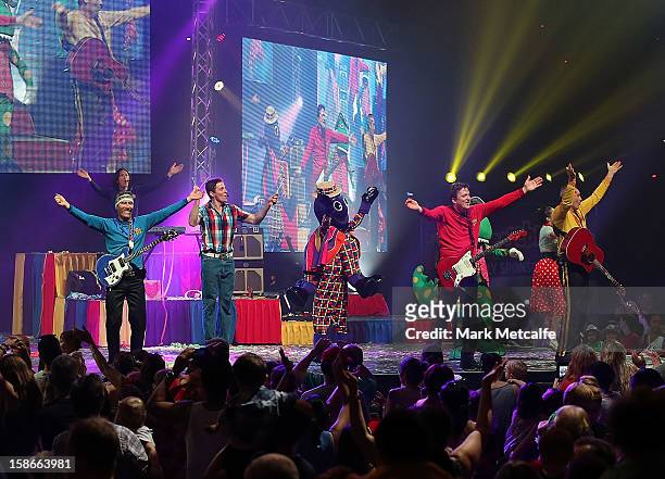 Jeff Fatt, Anthony Field, Greg Page and Murray Cook of The Wiggles perform on stage during The Wiggles Celebration Tour at Sydney Entertainment...