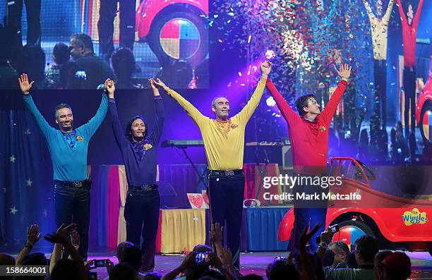 Jeff Fatt, Anthony Field, Greg Page and Murray Cook of The Wiggles perform on stage during The Wiggles Celebration Tour at Sydney Entertainment...