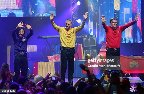 Jeff Fatt, Greg Page and Murray Cook of The Wiggles perform on stage during The Wiggles Celebration Tour at Sydney Entertainment Centre on December...