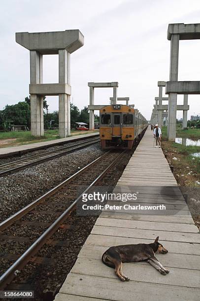 Dog sleeps on the platform as a train pulls in to a station under the shadow of stonehenge or the hopeless project. This is how the Thai public now...