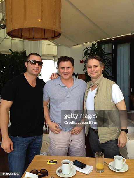 Chris Paciello, Andrew Sasoon and DuJour Media Founder Jason Binn pose at Art Basel circa December 2012 in Miami, Florida.