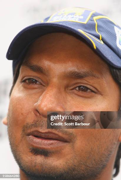 Kumar Sangakkara of Sri Lanka speaks to the medie during a Sri Lankan Test team appearance at Queensbridge Square on December 23, 2012 in Melbourne,...