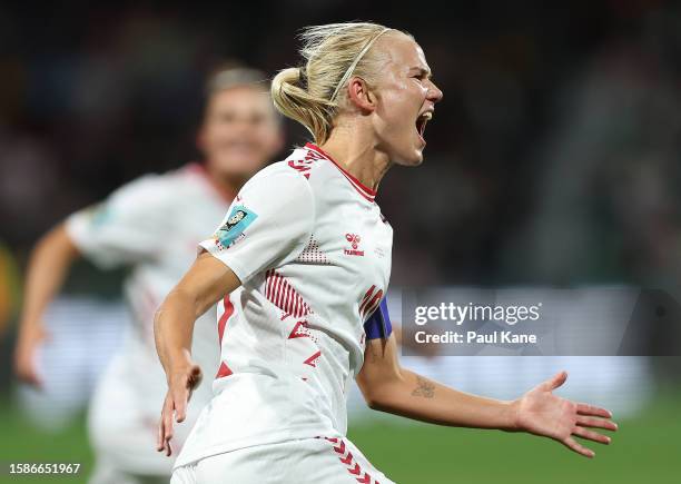 Pernille Harder of Denmark celebrates a goal from a penalty kick during the FIFA Women's World Cup Australia & New Zealand 2023 Group D match between...